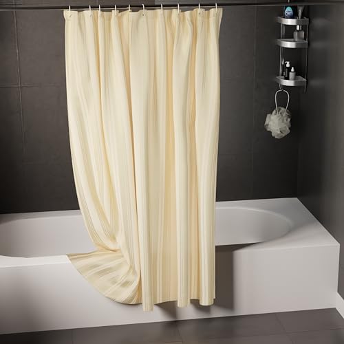 Image of Encasa XO Waterproof Shower Curtain for Bathroom 6 x 6.5 feet(183x200 cm), Anti-Fungal Polyester Washroom Curtain with 12 Hooks, Wet & Dry Partition Toilet Curtains Stripe Cream