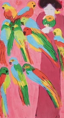 Art mural abstrait Perroquets et Dames Walasse Ting grand format toile