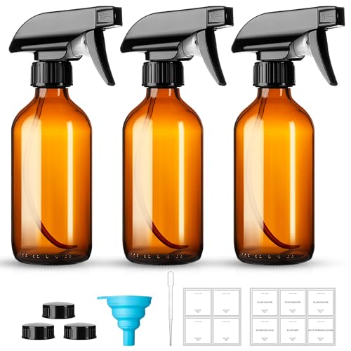 Vitreaux 8oz Amber Glass Spray Bottles 3 Pack Glass Spray Bottles Refillable Empty Bottle with Adjustable Nozzle Spray Bottle for Essential Oils Cleaning Solutions Pets Hair Mister Gardening