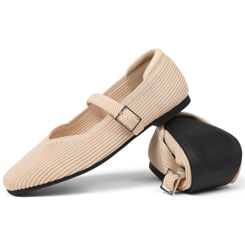 Image of CELNEPHO Flats for Women Mary Jane Shoes Casual Ballet Knit Flats Square Toe with Ankle Strap Dressy Comfortable Office Shoes