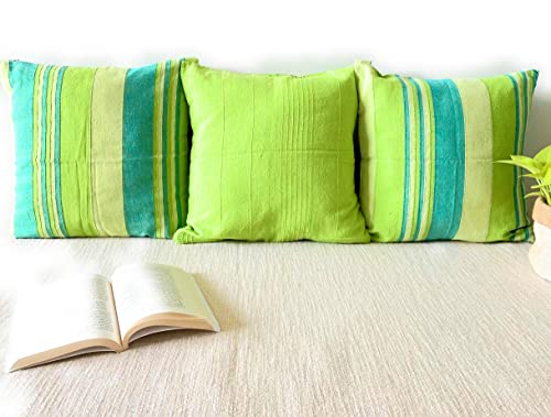 Image of RANGBHAR Handloom Cotton Cushion Covers With Concealed Top Zip, Striped /Solid Cushion Covers For Living Room, 16 X 16 Inch, Green, Pack Of 3, 220 TC