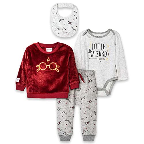 Image of Harry Potter Boys Infant One Piece Bodysuit Long Sleeve Sweatshirt Jogging Pants and Bibs - 4 Piece Cozy Set