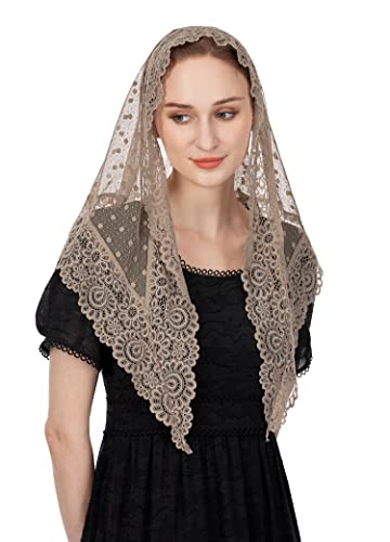 Wgior Triangle Vintage Inspired Lace Chapel Veils Catholic Mass Head Covering Scarf Mantilla Veils for Church (Beige)