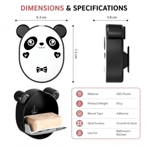 Image of Wall Mounted Panda Soap Holder with Drain Tray, Self Adhesive Soap Box Case, Flip-Top Soap Storage Container, Waterproof ABS Plastic Soap Dish for Bathroom, Kitchen & Wash Basin