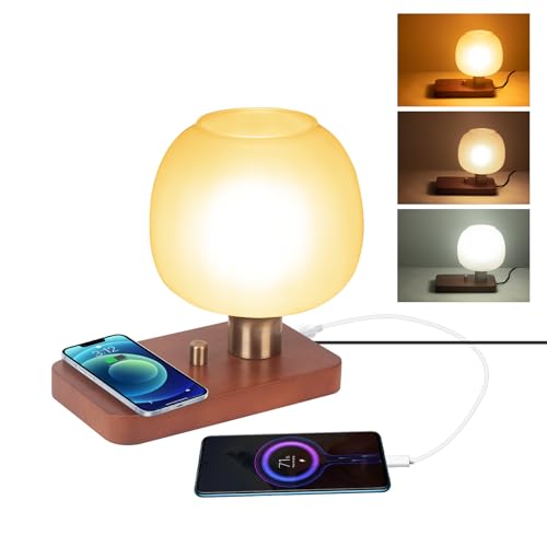 Lámpara de mesa de cristal y madera para leer en el dormitorio y cargar tus dispositivos