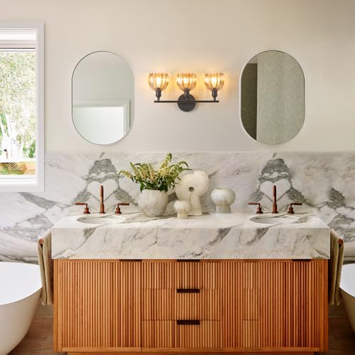 Shenmoyl Bathroom Light Fixtures, 3-Light Black Vanity wall Light Over Mirror with Amber Tulip Glass Shade for Bedroom Living Room (Bulb Not Included) by Shenmoyl - Used condition - Image 9