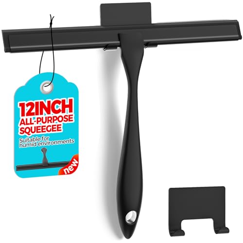 12-Inch All-Purpose Shower Squeegee for Shower Doors, Tile Shower Walls, Bathroom, Window, Glass and Car Windshield, Mirrors and Kitchen-Stainless Steel, Black