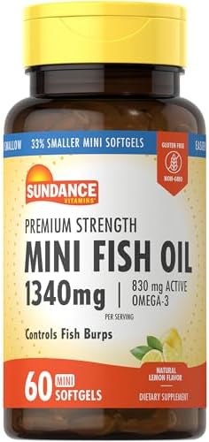 Sundance Mini Fish Oil Softgels 1340mg | 60 Count | Controls Fish Burps | Premium Strength Formula with Omega-3 | Natural Lemon Flavor | Non-GMO and Gluten Free Supplement