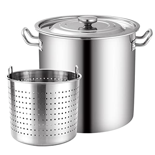 SaryEdge Vaporera de Acero Inoxidable, Olla para freír Pavo de 27/45/63 Cuartos de galón, Olla para cangrejos de río, Olla para Sopa de Acero Inoxidable con colador y Tapa para exterio,45Qt