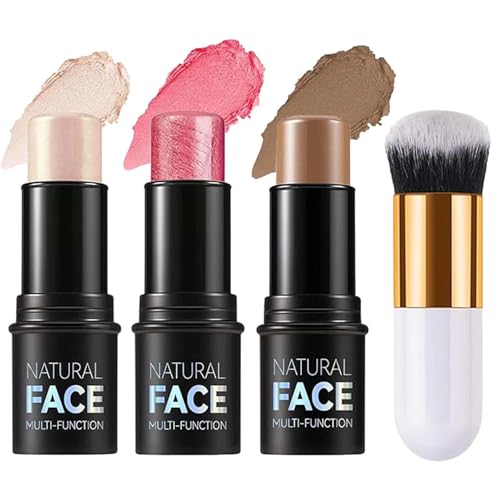 Contour Highlighter Blush Stick (3-Pack) with Brush - Waterproof for Cheeks, Eyes & Lips, Long-Lasting Smooth Formula for All Skin Types, Perfect Face Makeup Kit for Flawless Glow