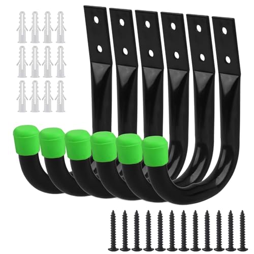 DDUP Garage Hooks, 6 Pcs Garage Storage Heavy Duty J Hooks,Ladder Storage for Hanging, Wall Mounted Hanger Brackets forWall Bike Chair Garden Hose Garden Tool (Green)
