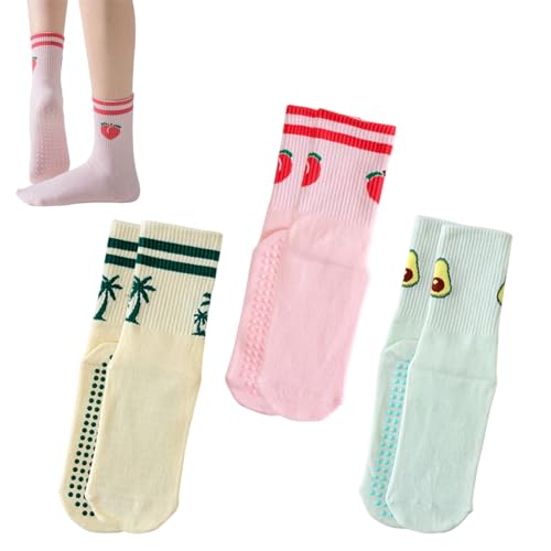 YZDZSW 3 pary antypoślizgowych skarpet damskich, Mid-Calf, cienkie, antypoślizgowe skarpety do pilatesu z wzorem brzoskwini, liści i awokado, skarpety stoperowe do jogi, reformera i fitnessu (różowe