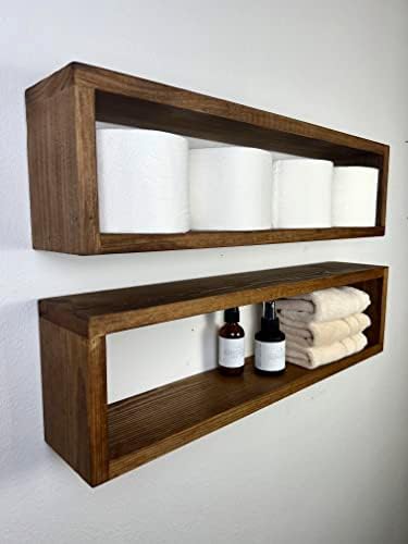 Set of 2 Floating Rectangle Shelves | Easy Mounting | Toilet Paper Holder | Bathroom Storage | Kitchen Spice Rack (Walnut)