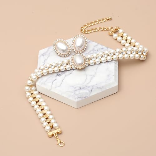 Costume Layered Twisted Gold Pearl Necklace Choker Chunky Glass Statement Pearl Necklace and Earring set, good gift for women Faux pearl necklace set imitation pearl necklace and earring4