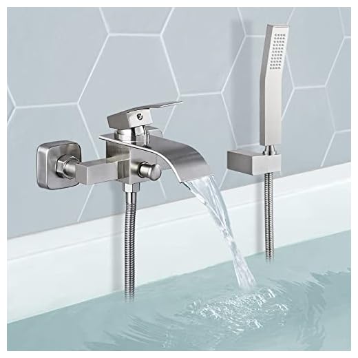 Brushed Nickel Wall Mount Bathtub Faucet with Handheld Spray Waterfall Tub Filler Single Handle Bathroom Tub Mixer Tap Hand-Shower System with Curved Spout Commercial