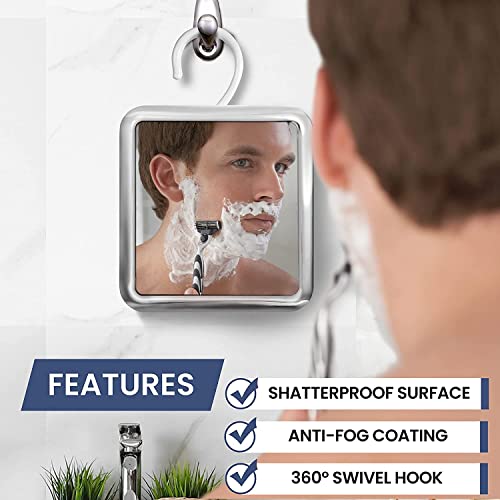 Mirrorvana Fogless Shower Mirror For Shaving With Hook For Hanging, Anti Fog Shatterproof Surface And 360° Swivel, 6.3" X 6.3" (Chrome) #TOP1