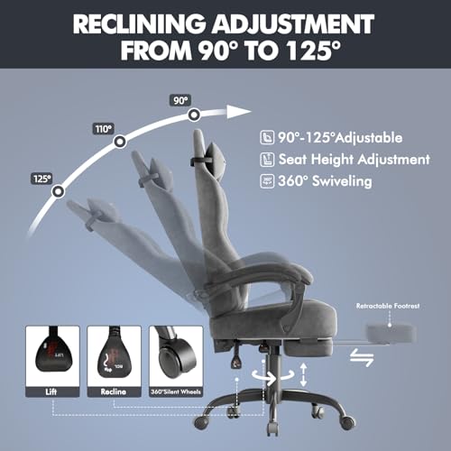 Image of Soontrans Dark Grey Velvet Fabric Gaming Chairs with Footrest, Ergonomic Comfortable Video Gamer Chair, Reclining Office Computer Desk Game Chairs with Massage Lumbar Cushion,Headrest for Adult