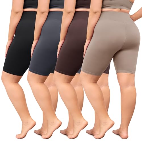 VALANDY Creamlush Biker-Shorts für Damen, Übergröße, 20,3 cm hohe Taille, ultraweiche Yoga-Shorts (L-5XL), 4 Packungen – Schwarz/Dunkelgrau/Khaki/Braun, XX-Large