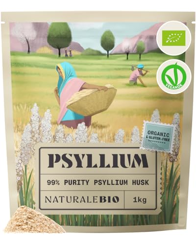 NaturaleBio Organic Psyllium Husk - 99% Purity - 1 kg. Pure & Natural Psyllium Seed Husks Produced in India. High in Fibre to be Mixed with Water Beverages & Juices Vegetarian & Vegan.