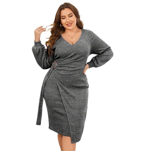 Large Size Women's Simple Casual Style Dress Autumn and Winter lace up Adjustable Waist Long Skirt Grey