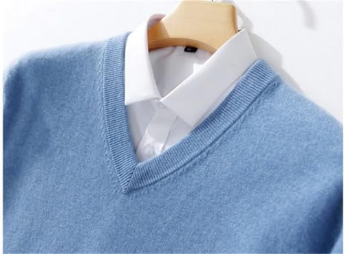 DBFBDTU Men's Soft Cashmere Sweater Pullover Business Casual Solid V-Neck Knitted Woolen Sweaters Navy Blue L3