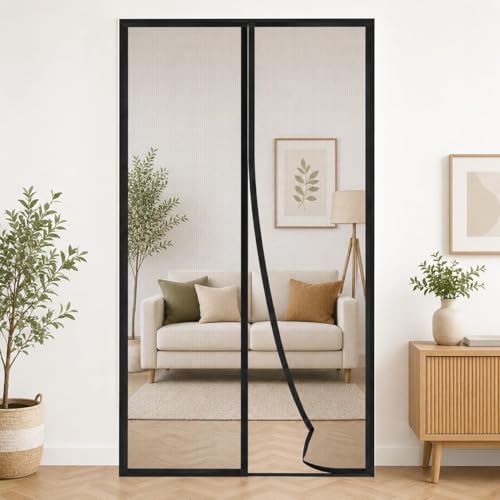 Image of Magnetic Mosquito Screen Door Net Curtain with Magnets Reinforced Polyester Curtain Back Door Mesh with All in One Insect Control | Insect Repellent Size 7 feet Black Color