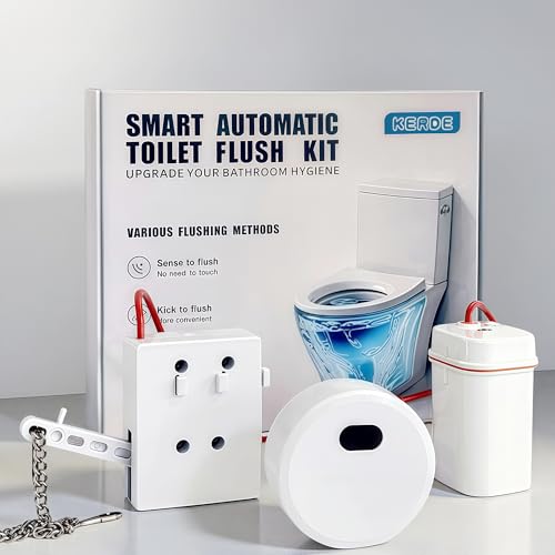 KERDE Touchless Toilet Flusher Kit Motion Sensor Flush Valve with Wireless Button Battery Powered Compatible with Chain Pull Lever Toilets Remote Flush for Home & Commercial Bathrooms