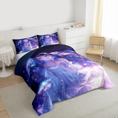 Image of Erosebridal Anime Girls Bedding Anime Gifts Comforter Set for Kids Purple 3D Galaxy Printing Bedding Sets, Cartoon Long Curly Hair Girly Printed Comforter Kids Kawaii Japanese Girl Bed Set, Queen