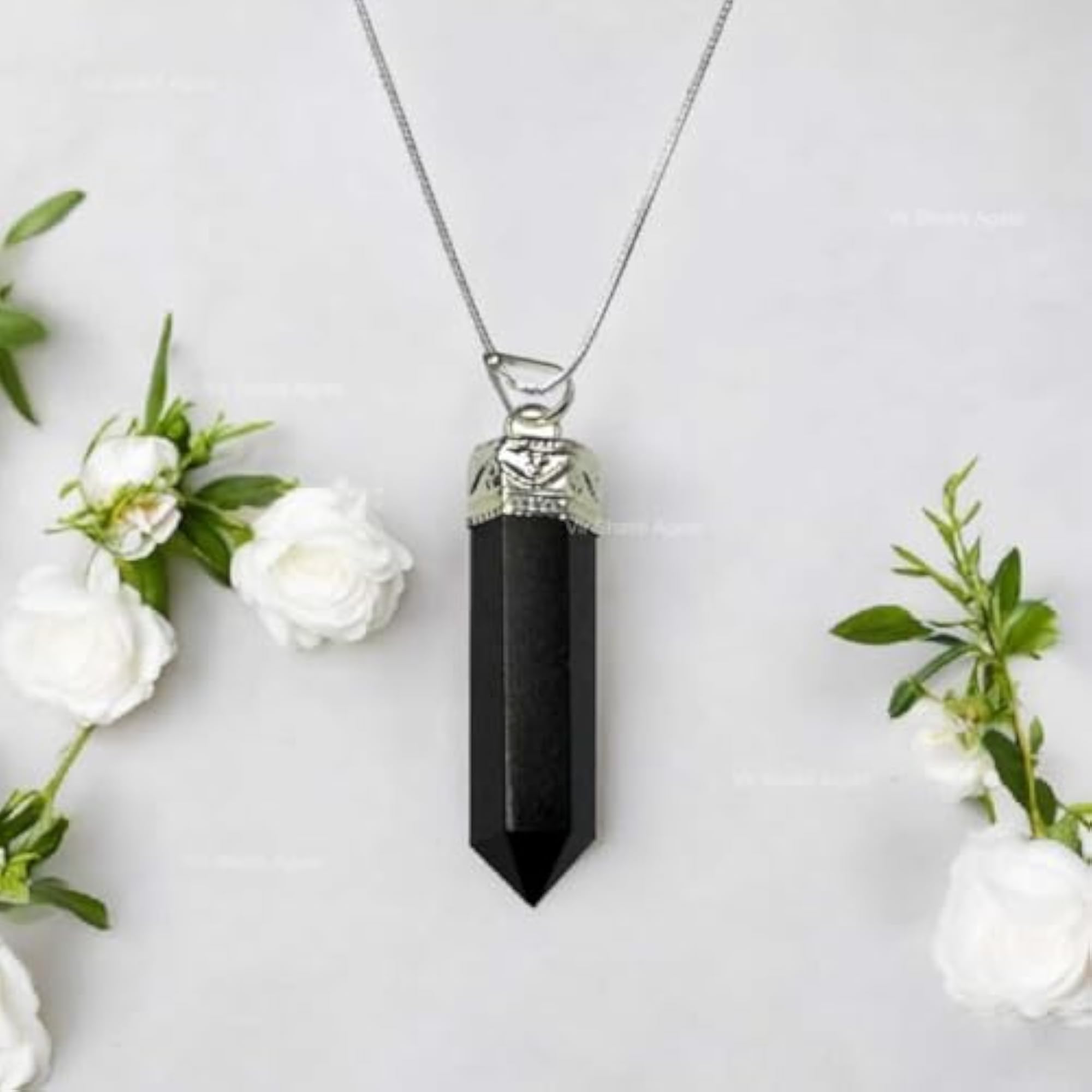 Vir Shakti Agate Black Tourmaline Pencil Pendant, Elegant Crystal Necklace