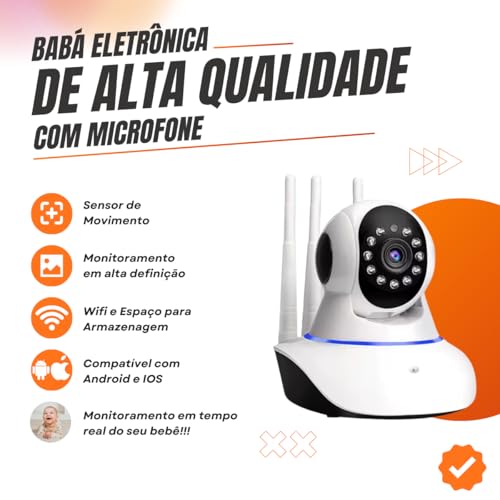 Câmera Babá Eletrônica Full HD 1080p Wifi 360° com Visão Noturna, Microfone, Áudio Bidirecional, 3 A