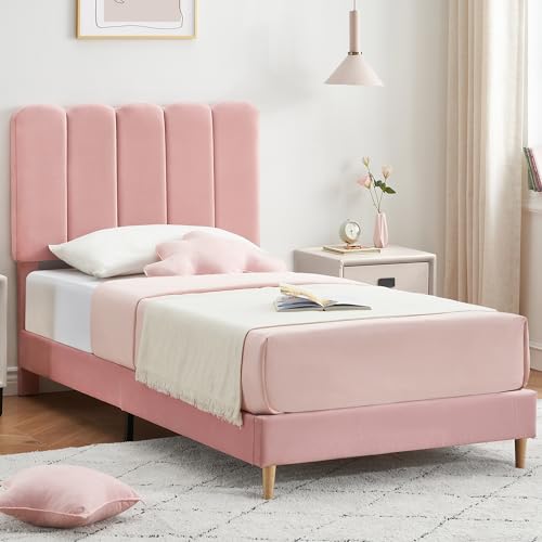 GarveeHome Twin Bed Frame, Velvet Upholstered Platform Bed with Wave Headboard for Girls/Kids, Easy Assembly, Wooden Slats Support, No Box Spring Needed, Pink