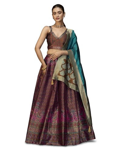 Image of PURVAJA Women's Kanjiwaram Semi-Stitched Lehenga choli