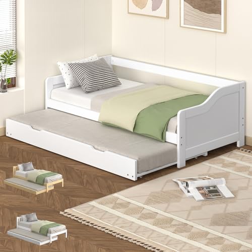 ALFORDSON Todd Series Timber White Beds Frame, Bed Frame Trundle, 2X Single Size Wooden Daybed Base, Under-Bed Sliding Trundle for Adults Kids