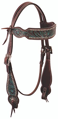 Buffalo Leather Western Browband Headstall Tooled with Dots and Turquoise Accents (Dark)