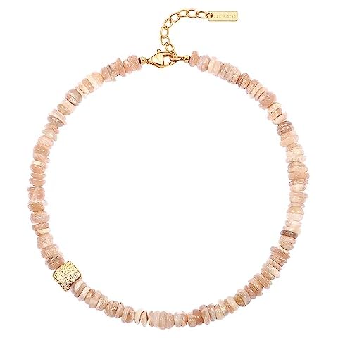 PERNNLA PEARL Sunstone Crystal Beaded Choker Necklace for Women Dainty Gold Pendant Chunky Necklaces Statement Pink Chakra Boho Necklace Cover