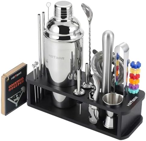 HMYBAR 22-pc Cocktail Shaker Set(24oz/700ml) | Mixology Bartender Kit | Bar Tool Set | Martini Making Set with 39-Recipe Cocktail Cards & Kit's Deco, Bamboo Stand Black Color, Silver Tools - Thumbnail 3