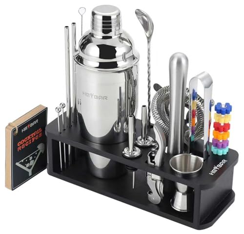 HMYBAR® 22-pc Cocktail Shaker Set(24oz/700ml) | Mixology Bartender Kit | Bar Tool Set | Martini Making Set with 39-Recipe Cocktail Cards & Kit's Deco, Bamboo Stand Black Color, Silver Tools