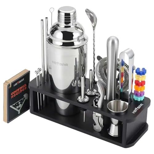 HMYBAR® 22-pc Cocktail Shaker Set(24oz/700ml) | Mixology Bartender Kit | Bar Tool Set | Martini Making Set with 39-Recipe Cocktail Cards & Kit’s Deco, Bamboo Stand Black Color, Silver Tools