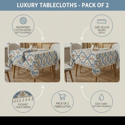 Image of RRC Microfiber Cotton Table Cloth Pack of 2 for 4 Seater Dining Table, 45 x 60 Inch Rectangular Printed Table Cover with Tassels, Washable, Durable & Fade Resistant
