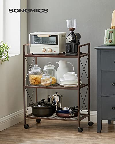 Image of SONGMICS 3-Tier Metal Storage Rack with Wheels, Mesh Shelving Unit with X Side Frames, 23.6-Inch Width, for Entryway, Kitchen, Living Room, Bathroom, Industrial Style, Metallic Bronze UBSC163A01