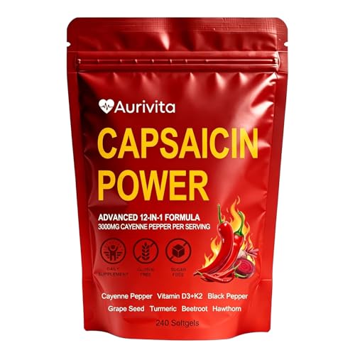 CURAIY Aurivita Capsaicin Softgels Capsaicin Supplements Capsaicins Powder with Vitamin D3+K2 Beetroot Grape Seed and Other Extracts 240 Capsules (1)