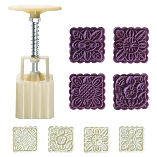 Mooncake Mold,Asudaro 4Pcs Stamps 125g Square,Flower Pattern Mooncake Biscuits Stamping Mould for Baking DIY Cake Cookie Biscuit Dessert