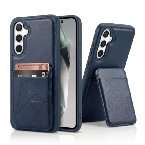 Image of amazon basics Premium Vegan Leather Back Cover with Card Holder and Integrated Mobile Stand for Samsung Galaxy S23 5G - Slim Shockproof Wallet Case with Geometric Stitching [Blue]