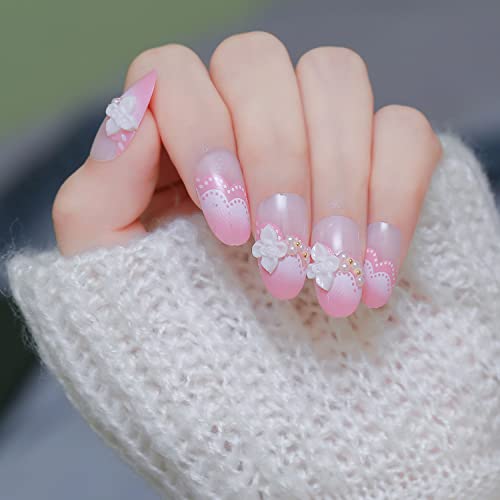 Flower Press On Nails Medium Length, White Camellia Fake Nails With Pearls Spring Nail Art Supplies Acrylic Ballet Pink Self-Adhesive False Nails Press On Nails Manicure Tips For Women, 24Pcs #TOP3