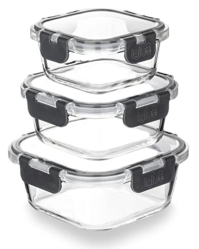 Igluu Meal Prep Szklane pojemniki na żywność kwadratowe z pokrywkami (3 szt.) – Hermetyczne, Bez BPA – Do piekarnika, mikrofalówki, zamrażarki i zmywarki – 320 ml, 520 ml i 800 ml – Szkło borokrzemowe