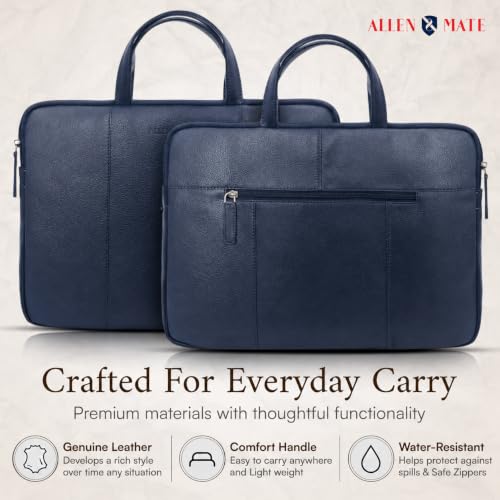 Image of ALLEN & MATE 100% Leather Laptop Case 13 Inch Laptop Sleeve fits MacBook Neo /Air /Pro 13 Inch with M5 /M4 /M3 /M2 /M1, Dell, HP, Lenovo, Chromebook 11-13 inch Computer Bag Zip Pocket - Navy Blue