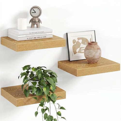 Image of Fun Memories Floating Shelves for Wall with Invisible Brackets, 10 Inch Wall Mounted Wood Shelves with Wood Grain for Living Room, Bedroom, Bathroom, Kitchen Decor and Storage, Oak - Set of 3