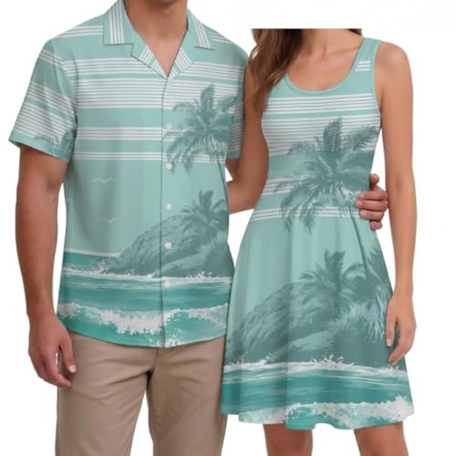 Image of Hawaii Matching Couple Outfits Husband and Wife Clothing Fashionable Mens Casual Shirts Hawaii Dress with Soft Fabric