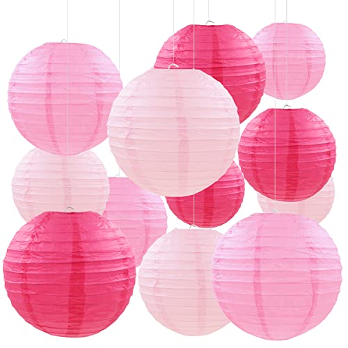 PheiLa 12 Pcs Pink Party Paper Lanterns Romantic Decorations Rose Red and Pink Round Chinese Paper Lanterns for Wedding Birthday Party Valentines Day Engagement Baby Showers Decoration