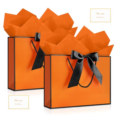 Image of JMANNI Gift Bags with Handles, 13 inch Medium Gift Bag for Presents, 2 Pcs Bags with 4 Tissue Paper and 2 Cards for Graduation Baby Shower Wedding Fathers Day Mother's Day Birthday Party(Orange black)